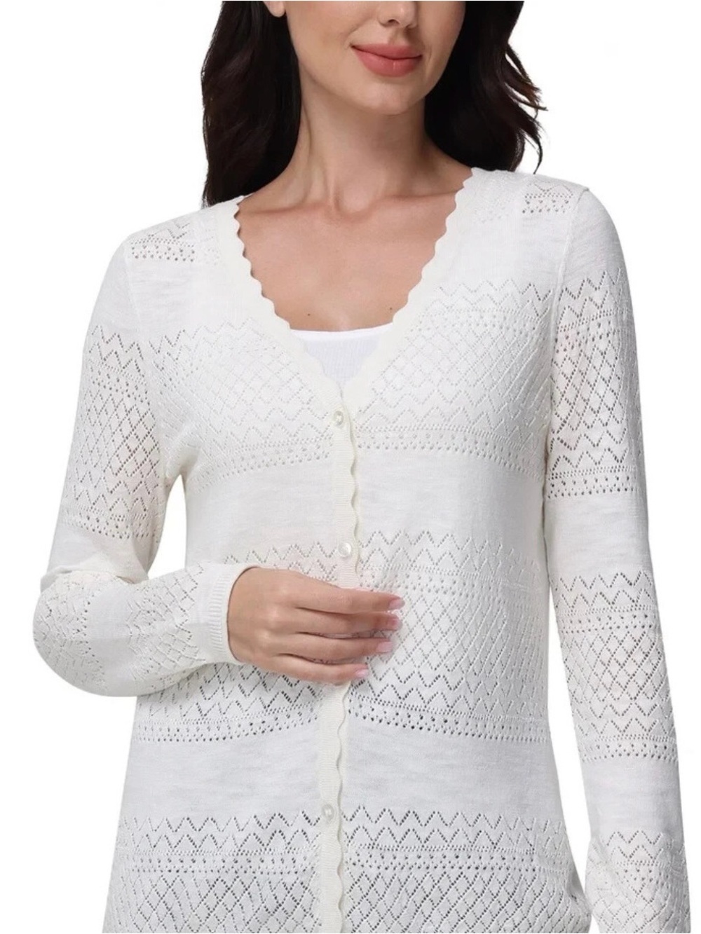 Frye Cream Eyelet Knit Scalloped V-Neck Button Cardigan